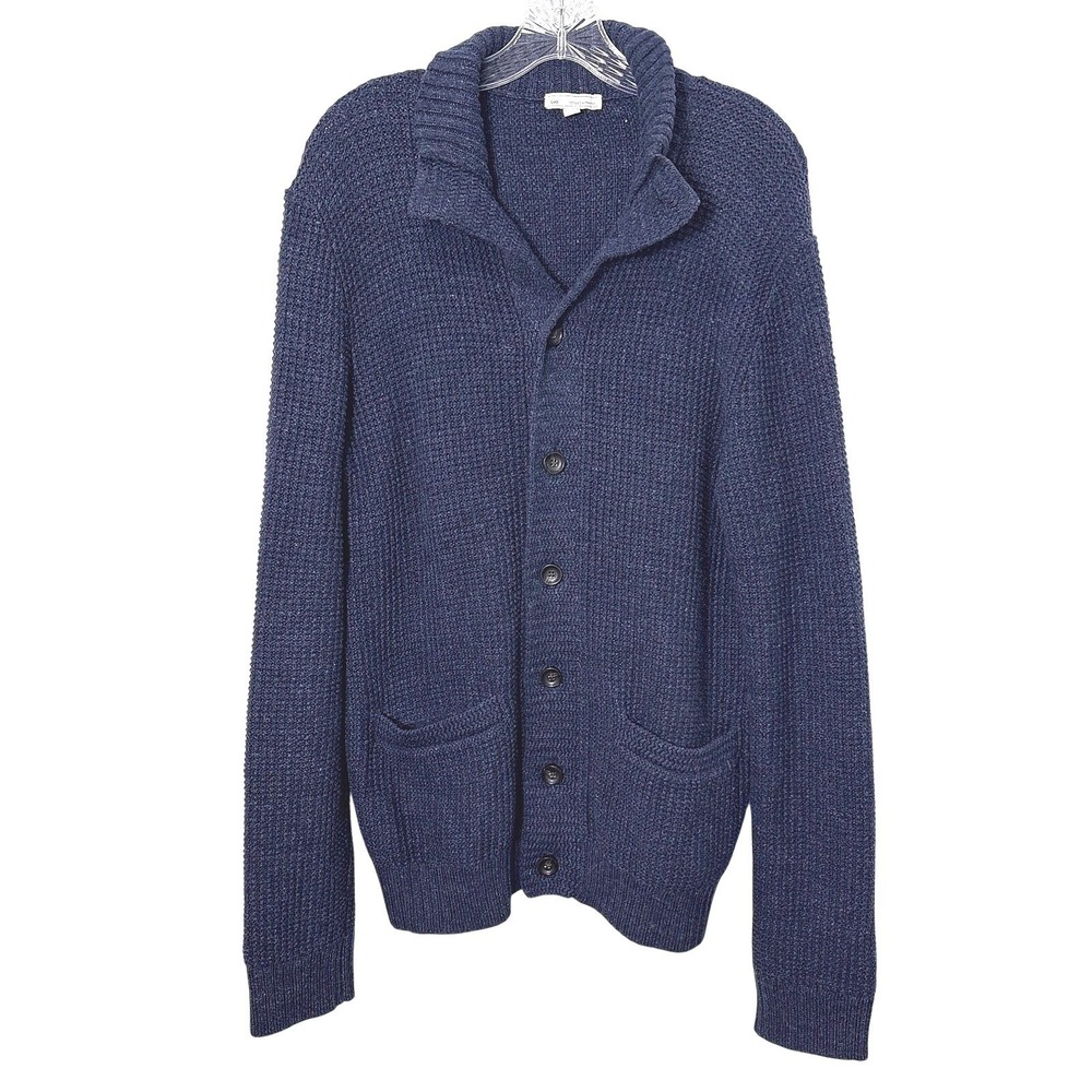Gap Mens Waffle Knit Cardigan Large Blue Cotton Academia Grandpa Preppy Classic
